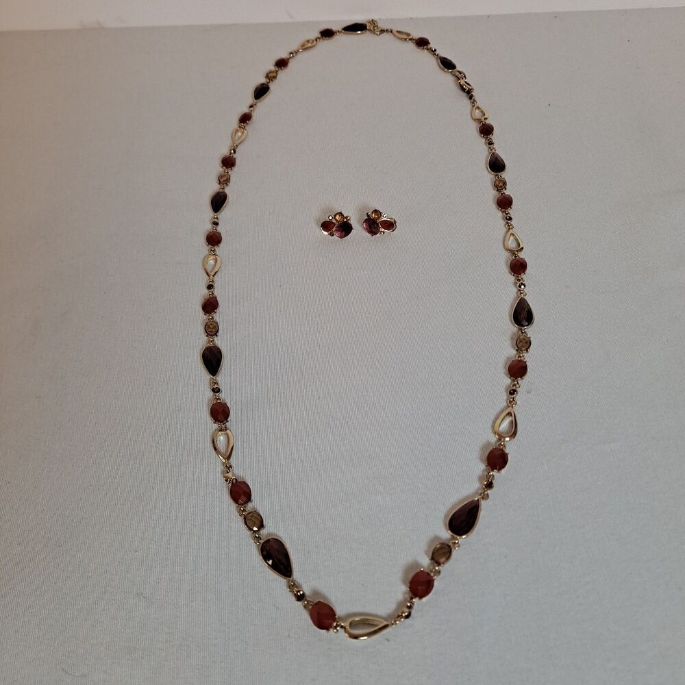 Anne Klein Gold Tone Necklace Matching Clip-on Earrings 20" Multi-color Beads